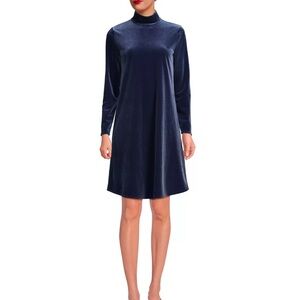 Lands End Velvet Turtleneck Dress Women’s L 14-16 Blue Pockets Long Sleeve
